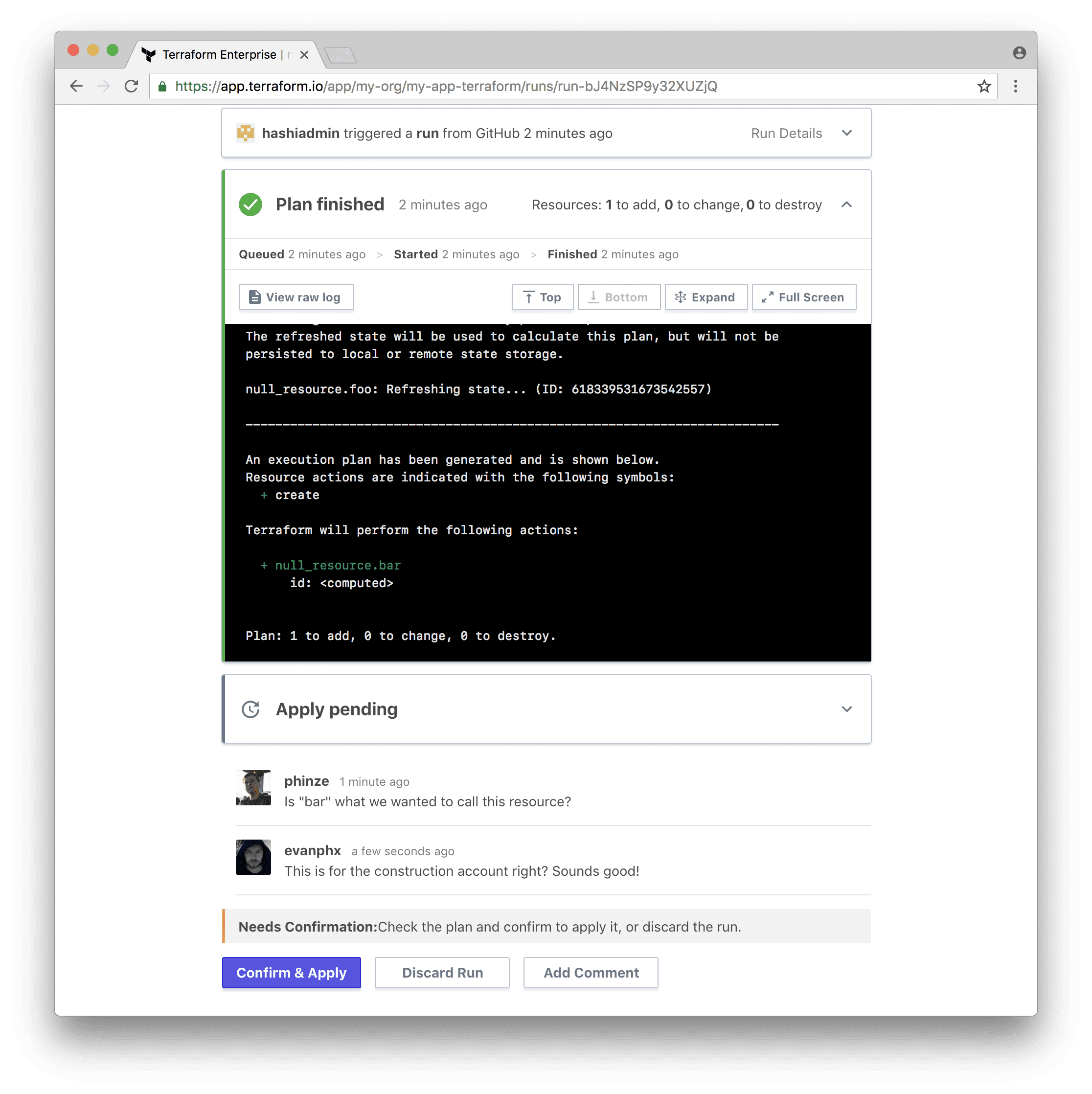 Screenshot of back-and-forth in Terraform Cloud comments