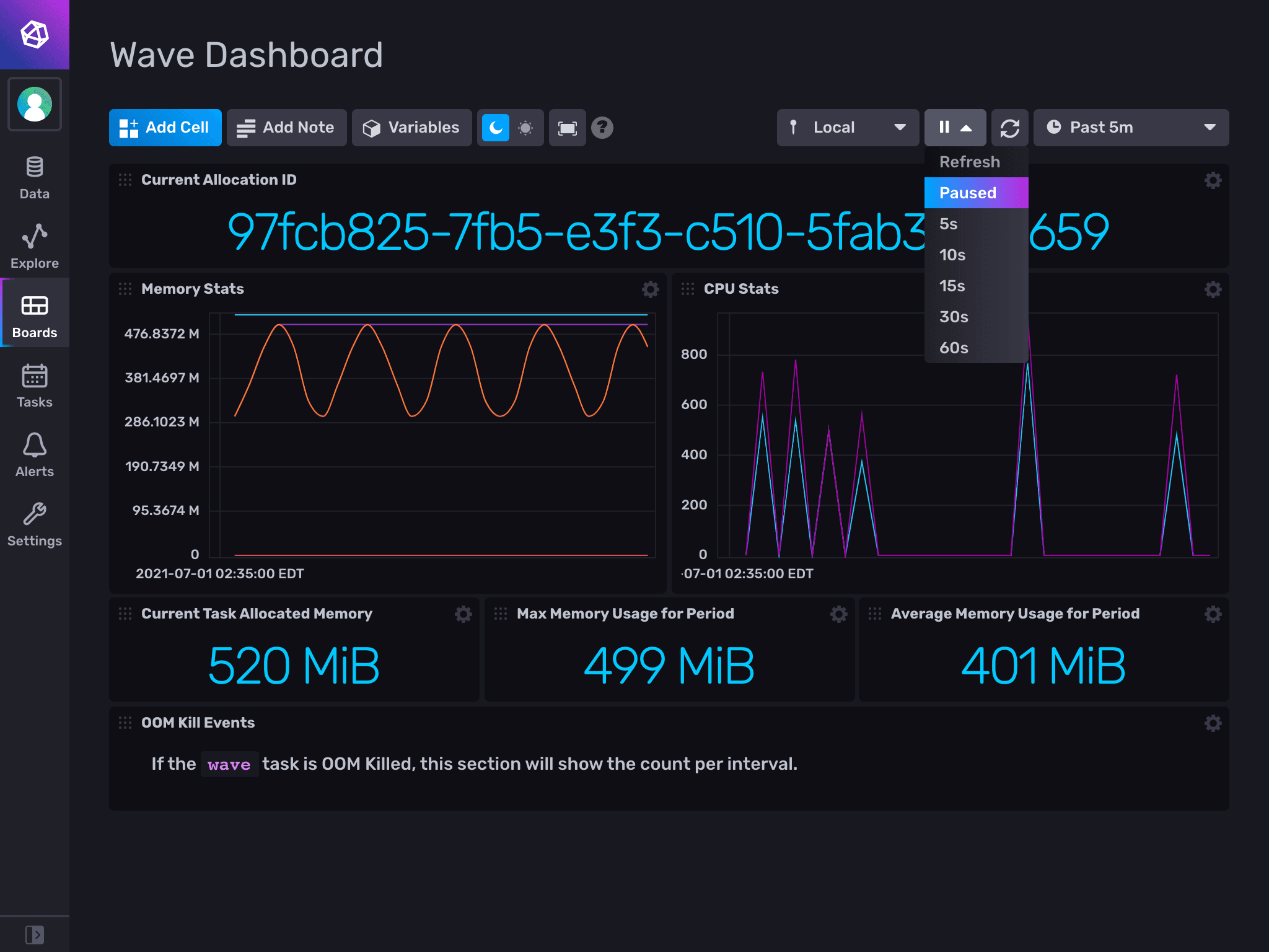 "Wave Dashboard" page with refresh rate dropdown open