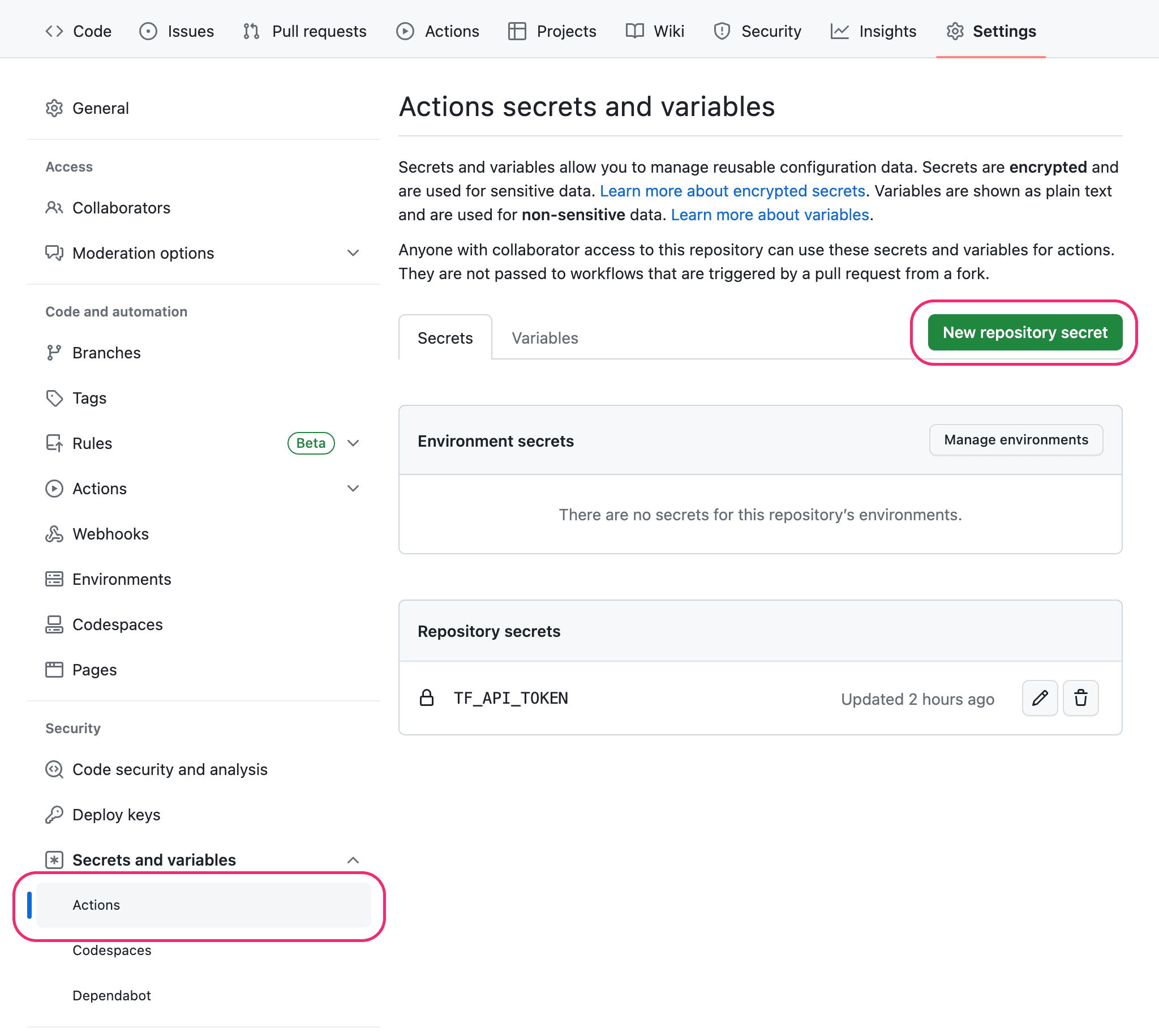 Open actions secrets and variables page in settings