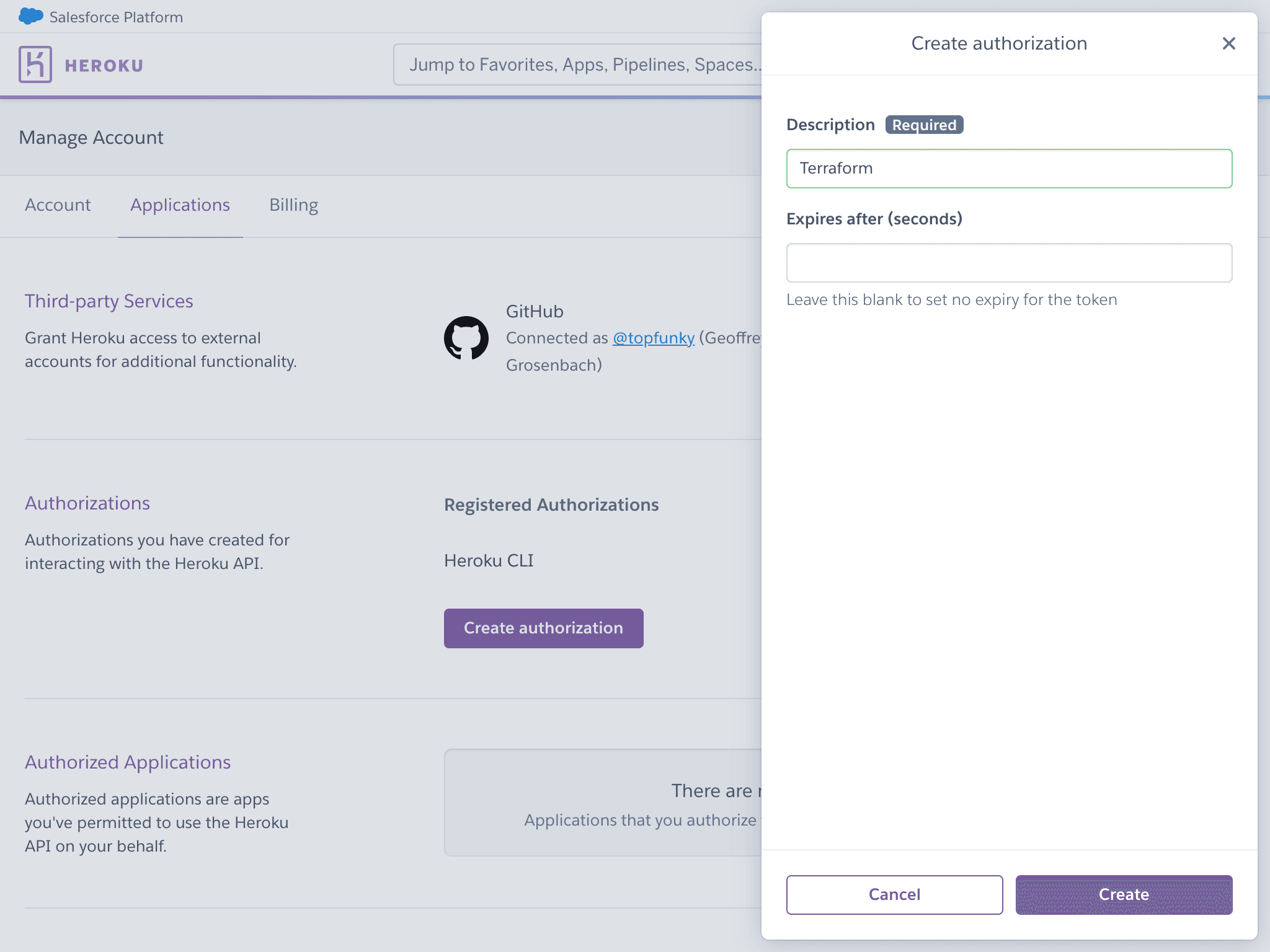 Create new Heroku authorization token