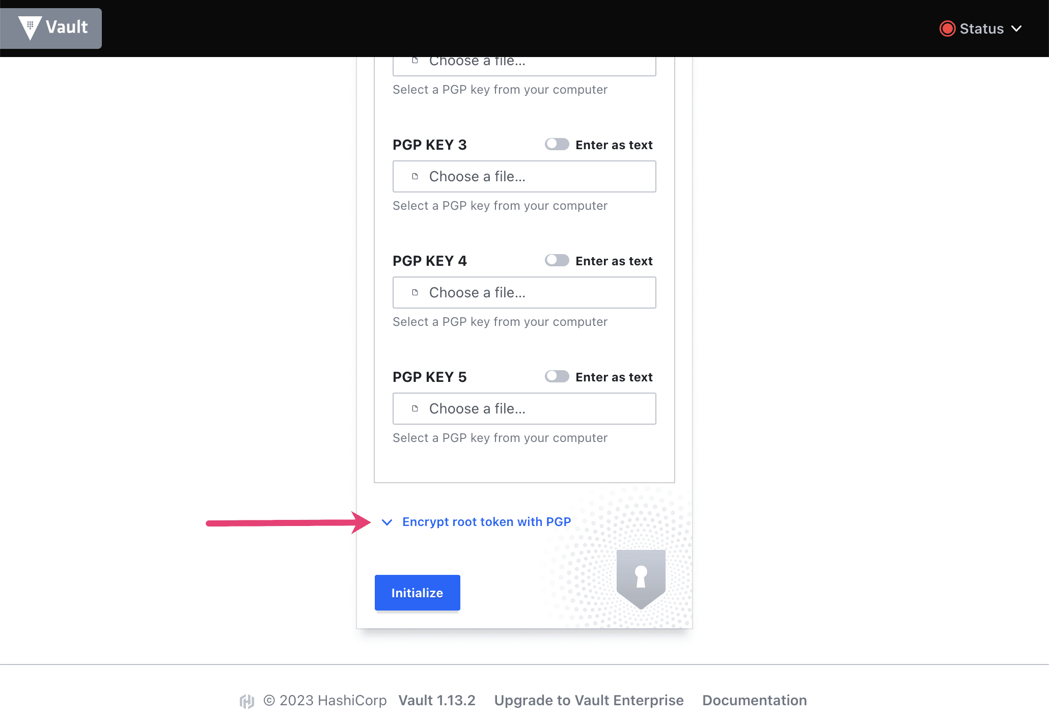 Screenshot of Vault UI showing initialization dialog showing encrypt root token drop down