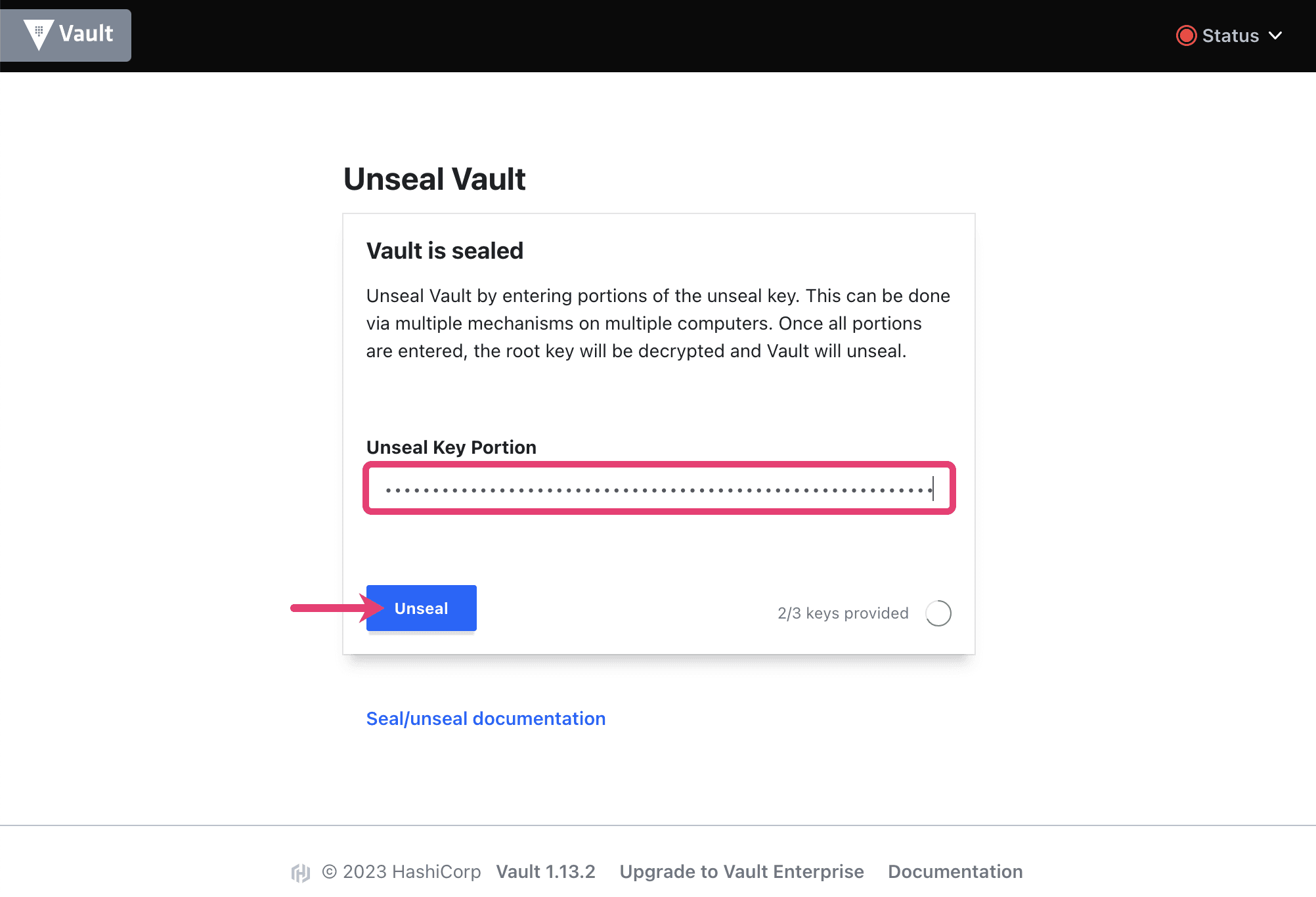 Vault screenshot showing pasted unseal key