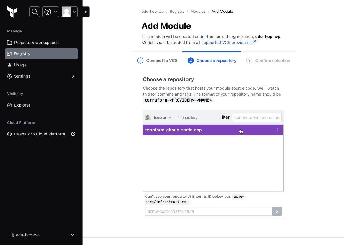 The add module version control provider selection page on HCP Terraform